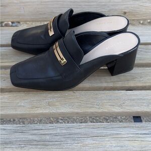 New Via Spiga Black Leather Heeled Loafers with Gold Accent